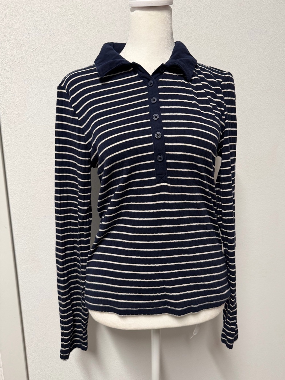 GAP Navy White Striped Ribbed Collared Henley Long Sleeve Top Women’s Medium